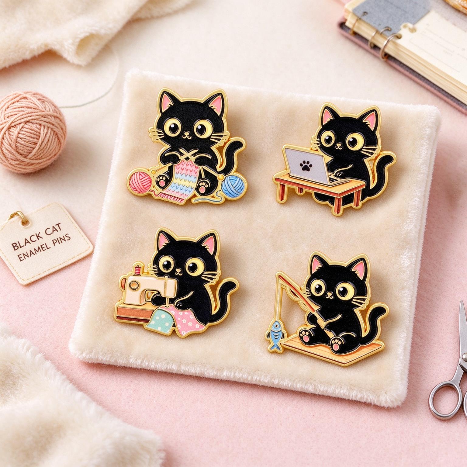 4pcs Kawaii Working Black Cat  - Kawaii Tech Accessories 评论和价格